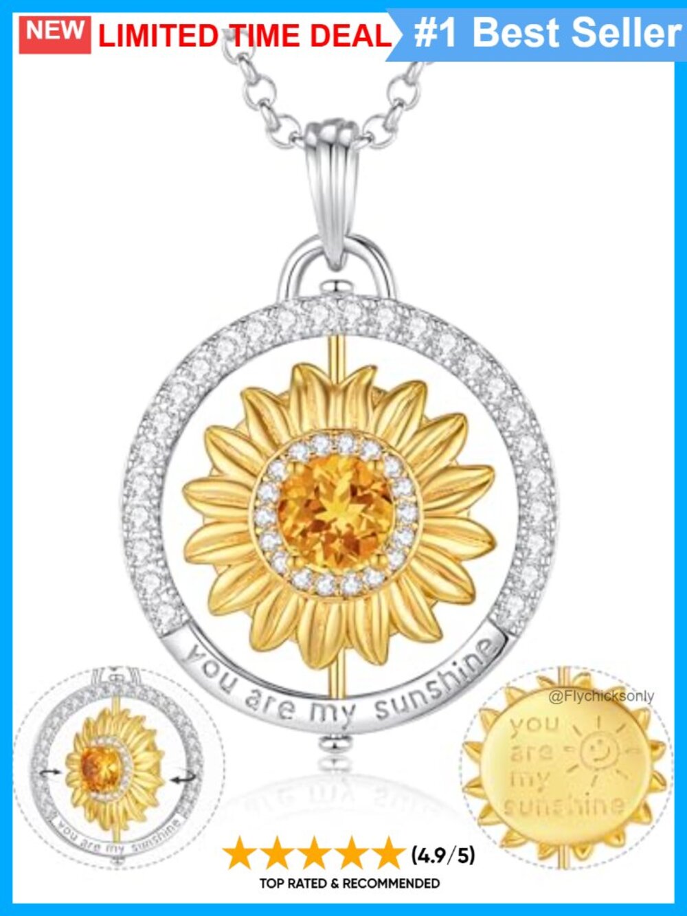 Reversible Sunflower Pendant Necklace Sterling Silver Gold Plated Spinner